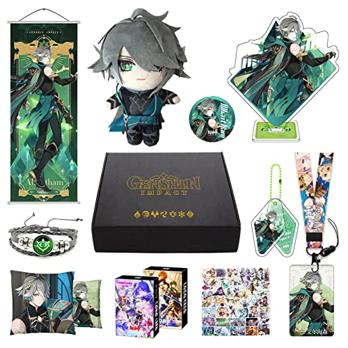 MOTAO Genshin Impact Box Al Haitham Merch Set - Puppe, Poster, Kissenbezug, Standfigur, Armband, Abzeichen, Schlüsselanhänger, Kartenhülle, 30 Lomo Karten, 50 Aufkleber (Al Haitham) von MOTAO