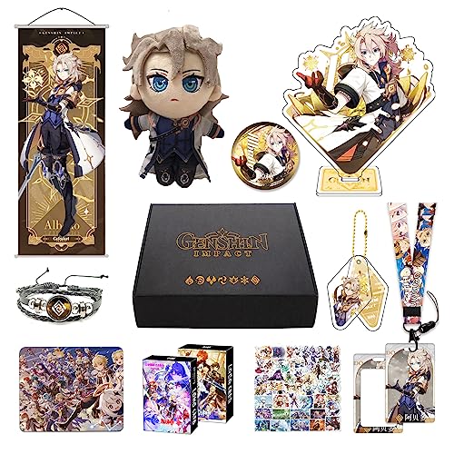 MOTAO Genshin Impact Box Albedo Merch Set - Puppe, Poster, Mauspads, Standfigur, Armband, Abzeichen, Schlüsselanhänger, Kartenhülle, 30 Lomo Karten, 50 Aufkleber (Albedo) von MOTAO