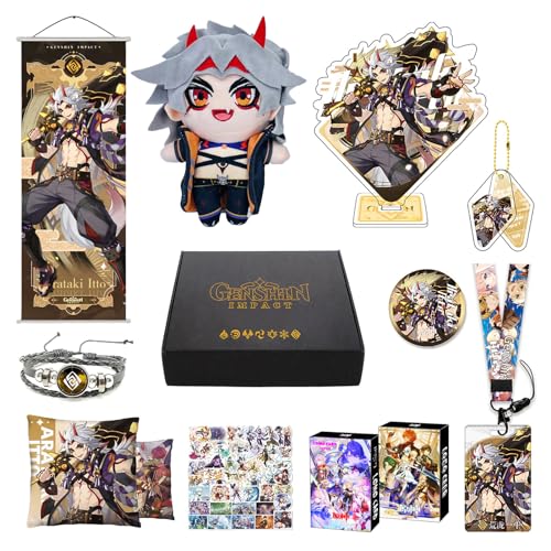 MOTAO Genshin Impact Box Arataki Itto Merch Set - Puppe, Poster, Kissenbezug, Standfigur, Armband, Abzeichen, Schlüsselanhänger, Kartenhülle, 30 Lomo Karten, 50 Aufkleber (Arataki Itto) von MOTAO