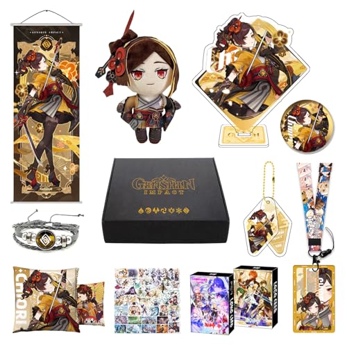 MOTAO Genshin Impact Box Xiao Hu Tao Qiqi Merch Set - Puppe, Poster, Kissenbezug, Standfigur, Armband, Abzeichen, Schlüsselanhänger, Kartenhülle, 30 Lomo Karten, 50 Aufkleber (Chiori) von MOTAO