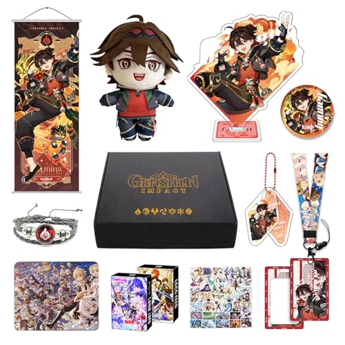 MOTAO Genshin Impact Box Gaming Merch Set - Plüschpuppe, Poster, Mauspad, Standfigur, Armband, Abzeichen, Schlüsselanhänger, Kartenhalter, 30 Lomo Karten, 50 Aufkleber (Gaming) von MOTAO