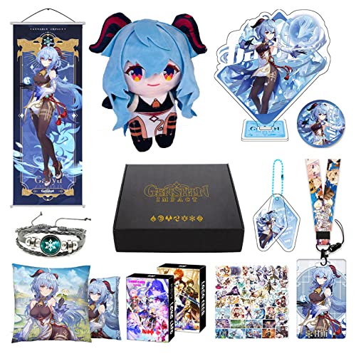 MOTAO Genshin Impact Box Ganyu Merch Set - Puppe, Poster, Kissenbezug, Standfigur, Armband, Abzeichen, Schlüsselanhänger, Kartenhülle, 30 Lomo Karten, 50 Aufkleber (Ganyu) von MOTAO