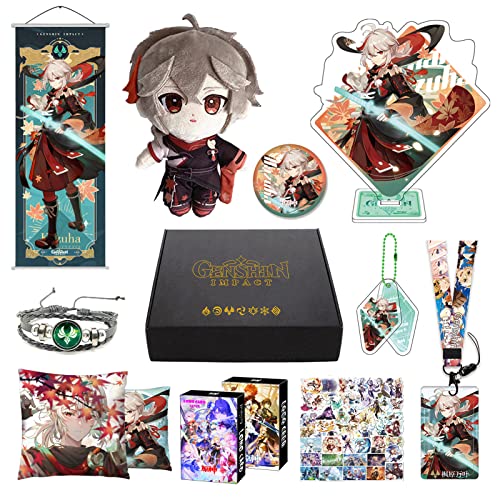 MOTAO Genshin Impact Box Kazuha Merch Set - Puppe, Poster, Kissenbezug, Standfigur, Armband, Abzeichen, Schlüsselanhänger, Kartenhülle, 30 Lomo Karten, 50 Aufkleber (Kazuha) von MOTAO