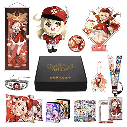 MOTAO Genshin Impact Box Klee Merch Set - Plüschpuppe, Poster, Kissenbezug, Standfigur, Armband, Abzeichen, Schlüsselanhänger, Kartenhalter, 30 Lomo Karten, 50 Aufkleber (Klee) von MOTAO