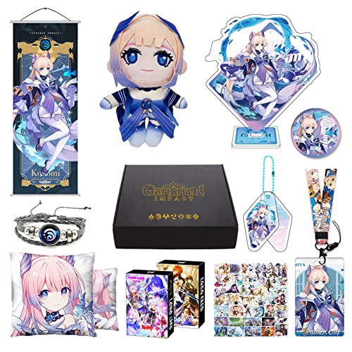 MOTAO Genshin Impact Box Kokomi Merch Set - Puppe, Poster, Kissenbezug, Standfigur, Armband, Abzeichen, Schlüsselanhänger, Kartenhülle, 30 Lomo Karten, 50 Aufkleber (Kokomi) von MOTAO