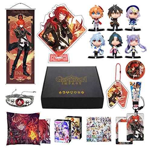 MOTAO Genshin Impact Box Merch Set inkl 11 Geschenk, Alle 5 Stars Charaktere Geschenkbox Set Geschenk Sammlung für Traveller Fans (Diluc) von MOTAO
