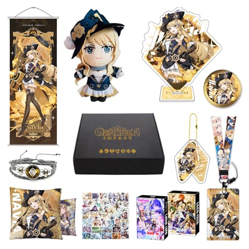 MOTAO Genshin Impact Box Navia Merch Set - Plüschpuppe, Poster, Kissenbezug, Standfigur, Armband, Abzeichen, Schlüsselanhänger, Kartenhalter, 30 Lomo Karten, 50 Aufkleber (Navia) von MOTAO