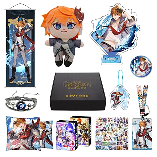 MOTAO Genshin Impact Box Tartaglia Merch Set - Puppe, Poster, Kissenbezug, Standfigur, Armband, Abzeichen, Schlüsselanhänger, Kartenhülle, 30 Lomo Karten, 50 Aufkleber (Tartaglia) von MOTAO