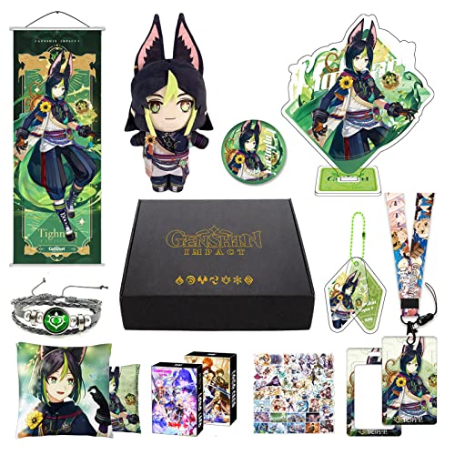 MOTAO Genshin Impact Box Tighnari Merch Set - Plüschpuppe, Poster, Kissenbezug, Standfigur, Armband, Abzeichen, Schlüsselanhänger, Kartenhalter, 30 Lomo Karten, 50 Aufkleber (Tighnari) von MOTAO