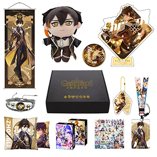 MOTAO Genshin Impact Box Zhongli Merch Set - Puppe, Poster, Kissenbezug, Standfigur, Armband, Abzeichen, Schlüsselanhänger, Kartenhülle, 30 Lomo Karten, 50 Aufkleber (Zhongli) von MOTAO