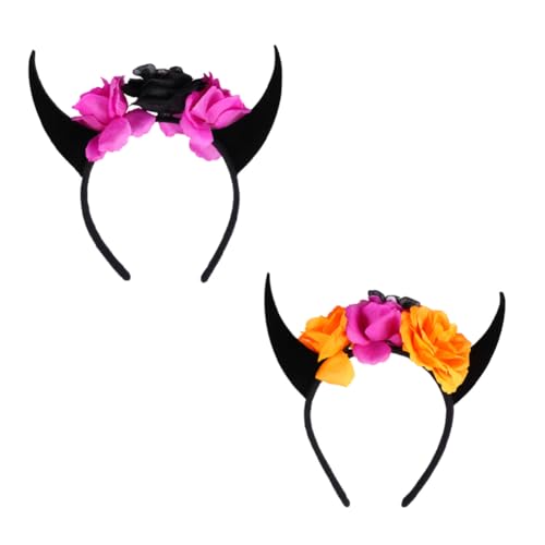MOTHNUR 2 Stück Halloween Hörner Haarreif Teilig mit Totenkopf und Blumen Unisex Horn Kopfschmuck für Party Festival Karneval Passt für Erwachsene Teens und Gruseliges Halloween Kostüm von MOTHNUR