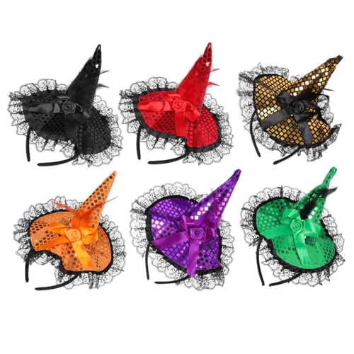 MOTHNUR 6 Stück Teiliges Halloween Hexenhut Stirnband mit Glitzer und Spitze Vielseitiger Haarschmuck für Damen Bequemes Kopfband für Party Karneval und Bühnenauftritte von MOTHNUR