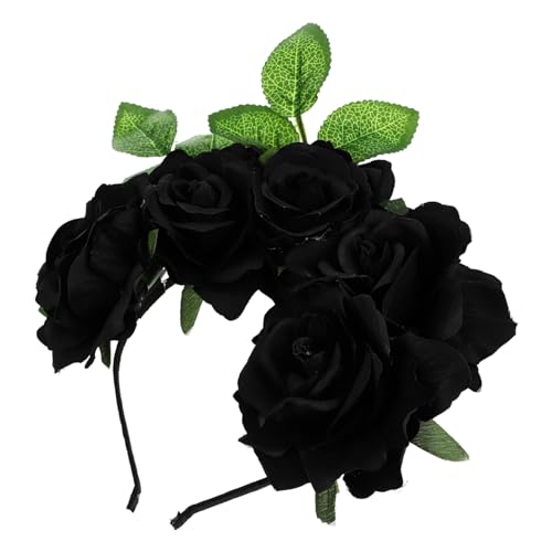 MOTHNUR Halloween Rosen Haarreif Schwarz Elastisches Kunstrosen Stirnband Blütenhaarschmuck Perfektes Party Accessoire für Damen Festtagsoutfit von MOTHNUR
