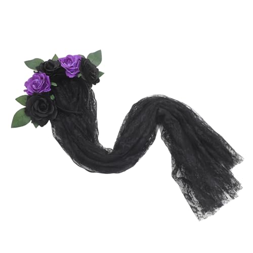 MOTHNUR Tag der Toten Haarband mit Schleier und Rosenblüten Lustiges Halloween Stirnband Day Of The Dead Haarschmuck Langanhaltend für Damen und Party Geeignet von MOTHNUR