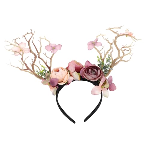 MOTHNUR Weihnachtliches Rentier Geweih Stirnband Bequemes Haarreif mit Dekorativen Ästen und Blumen Festlicher Kopfschmuck für Erwachsene zu Weihnachten Karneval Partys und Fotoshootings von MOTHNUR