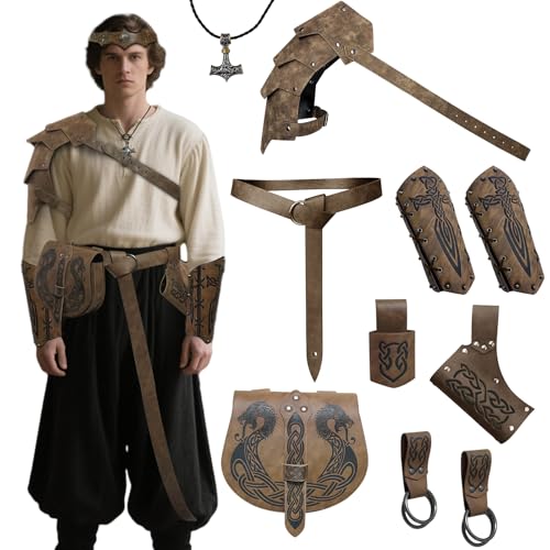 MOULIS Herren Wikinger Kostüm Set mit Schulterpanzer & Gürtel - Mittelalter Piraten Cosplay Outfit für LARP & Renaissance Messen (Hellbraun) von MOULIS