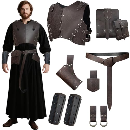 MOULIS Mittelalter Leder Brustpanzer Set, 10 Stück Zubehör Renaissance Wikinger Ritter LARP Cosplay Rüstungsset mit Gürtel Hosenträger Taschen Braun MOULIS Mittelalter Leder Brustpanzer Set, 10 Stück Zubehör Renaissance Wikinger Ritter LARP Cosplay Rüstungsset mit Gürtel Hosenträger Taschen Braun von MOULIS