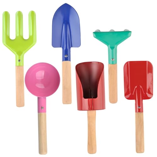 6-teiliges Gartenwerkzeug-Set für Kinder, buntes Strandspielzeug mit Rechen, Schaufel, Kelle und mehr, Eisen-Gartenset für Kleinkinder mit Holzgriff für Kinder, Outdoor-Spielzeug, Geschenke, Gart 6-teiliges Gartenwerkzeug-Set für Kinder, buntes Strandspielzeug mit Rechen, Schaufel, Kelle und mehr, Eisen-Gartenset für Kleinkinder mit Holzgriff für Kinder, Outdoor-Spielzeug, Geschenke, Gart von MOUNTTU