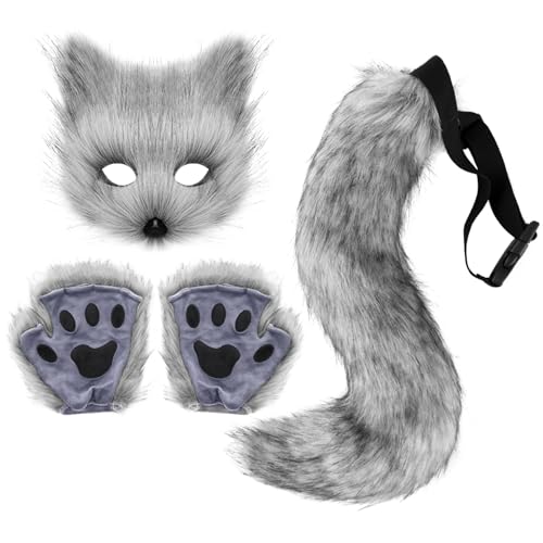 Fuchsmaske und -schwanz mit Fuchspfoten, realistische, personalisierte Therian-Maske und -Schwanz, dekoratives Pelzkostüm für Cosplay-Partys, Halloween-Maskenball, dunkelgraue Fuchspfoten, Wolfso Fuchsmaske und -schwanz mit Fuchspfoten, realistische, personalisierte Therian-Maske und -Schwanz, dekoratives Pelzkostüm für Cosplay-Partys, Halloween-Maskenball, dunkelgraue Fuchspfoten, Wolfso von MOUNTTU