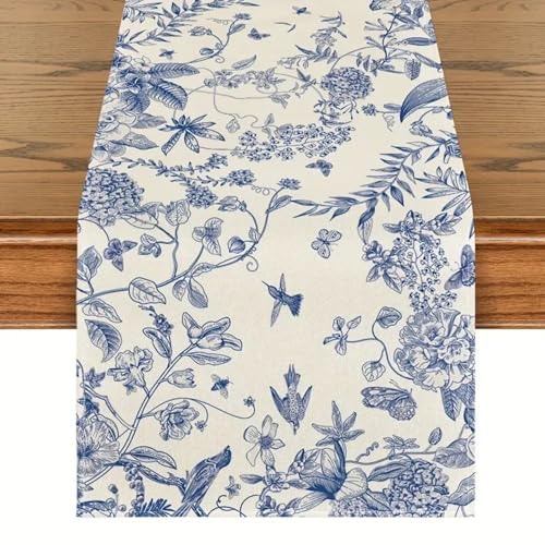 MOUNTTU Blauer und weißer Tischläufer, Skizzenvögel und Blumentischläufer, Leinenläufer 72 Zoll lang, Retro Esszimmer für Küchenrest von MOUNTTU