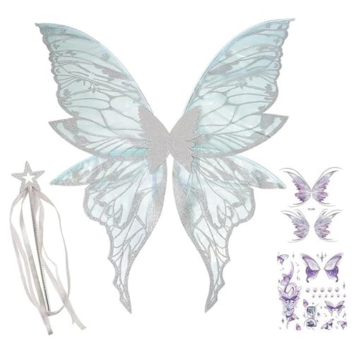 MOUNTTU Feenkostüm für Damen, großer glitzernder, transparenter Schmetterlingsflügel mit Zauberstab, Feen-Halloweenkostüm, Cosplay-Zubehör für Party-Verkleidungen, Cosplay-Zubehör MOUNTTU Feenkostüm für Damen, großer glitzernder, transparenter Schmetterlingsflügel mit Zauberstab, Feen-Halloweenkostüm, Cosplay-Zubehör für Party-Verkleidungen, Cosplay-Zubehör von MOUNTTU