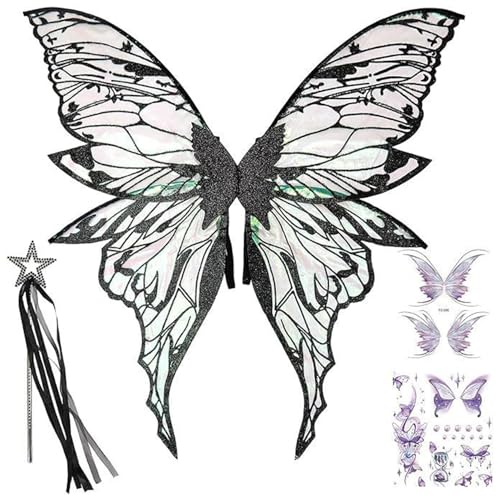 MOUNTTU Feenkostüm für Damen, großer glitzernder, transparenter Schmetterlingsflügel mit Zauberstab, Feen-Halloweenkostüm, Cosplay-Zubehör für Party-Verkleidungen, schwarzes Cosplay-Zubehör MOUNTTU Feenkostüm für Damen, großer glitzernder, transparenter Schmetterlingsflügel mit Zauberstab, Feen-Halloweenkostüm, Cosplay-Zubehör für Party-Verkleidungen, schwarzes Cosplay-Zubehör von MOUNTTU
