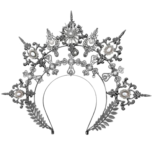 MOUNTTU Göttinnen-Kopfschmuck, 3-stufige barocke Heilige Göttinnen-Krone, schwarzes Kronen-Stirnband für Frauen, Cosplay-Haar-Accessoires, Kronen-Stirnband, silbernes Kopfstück, Krone, Gothic- von MOUNTTU