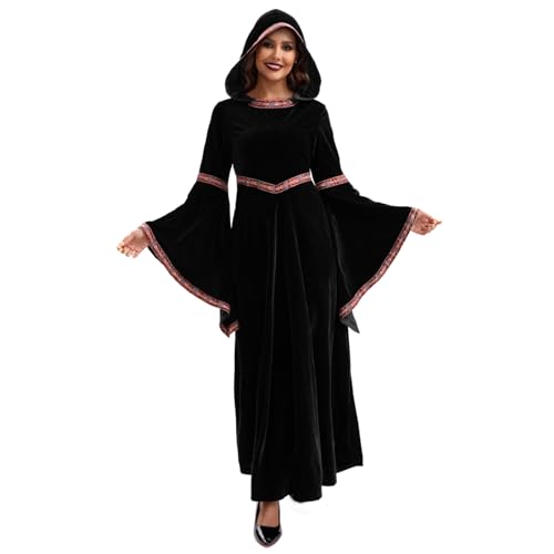 MOUNTTU Mittelalterkleid für Damen, langärmliges Vampirkleid, Stickerei mit Kapuze, Renaissance-Kostüm Damen für Halloween-Party, Cosplay, M Mittelalterkleid für, Renaissance-Kostüm, Vampirkleid von MOUNTTU