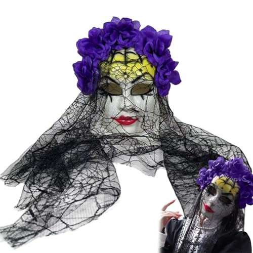 MOUNTTU Spitzenmaske, Gothic Vollgesichtsmaske mit schwarzem Spitzenschleier und lila Blume für mexikanisches Festival Gothic Schleier von MOUNTTU