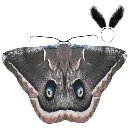 Mottenkostüm, Halloween-Schmetterlingsflügel mit Federn, Stirnbanddruck auf beiden Seiten, Mottenflügel-Umhang für Halloween oder Kostümparty, Schmetterlingsumhang von MOUNTTU