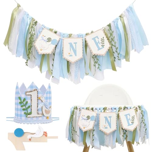 One Silly Gooses Geburtstagsdeko Junge, 80 Zoll Hochstuhl-Banner mit Partyhut und Tortenaufsatz, 1. Geburtstagsdeko Junge von MOUNTTU
