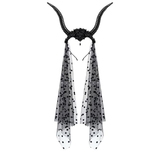 Teufelshörner-Stirnband, schwarzes gotisches Ziegenhörner-Haarband mit künstlicher Blume, Wassertropfenperle und gepunktetem Netz für Halloween-Kostüm, Cosplay, Foto-Requisiten, Hörner, Cosplay Teufelshörner-Stirnband, schwarzes gotisches Ziegenhörner-Haarband mit künstlicher Blume, Wassertropfenperle und gepunktetem Netz für Halloween-Kostüm, Cosplay, Foto-Requisiten, Hörner, Cosplay von MOUNTTU