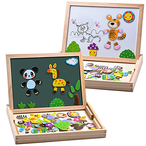 MOVEONSTEP Magnetische Holzpuzzles, Puzzle Magnetisch Pädagogisches Holzspielzeug 100 STÜCKE Doppelseitiges Magnetisches Reißbrett mit 3 Farbe Mark Stifte für Kinder Alter 3 +(Panda) von MOVEONSTEP