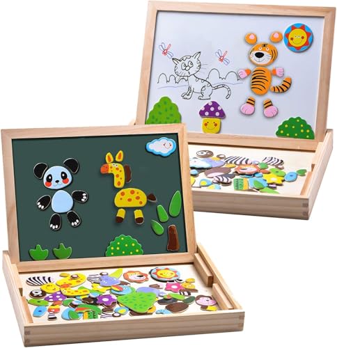 MOVEONSTEP Magnetische Holzpuzzles, Puzzle Magnetisch Pädagogisches Holzspielzeug 100 STÜCKE Doppelseitiges Magnetisches Reißbrett mit 3 Farbe Mark Stifte für Kinder Alter 3 +(Panda) von MOVEONSTEP