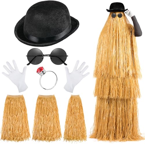 MOVINPE Halloween Langhaar Kostüm Set mit Bowler Hut für Erwachsene, Runde Sonnenbrille, Grasrock Layerable, Weiße Handschuhe & Rubin Ring - Lustiges Cousin Cosplay Outfit für Partys & Haustier Dress von MOVINPE