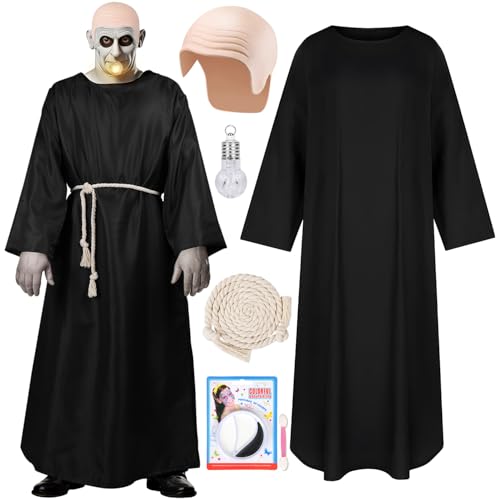 MOVINPE Halloween-Onkel-Kostüm für Herren, 5-teiliges gruseliges Mönch-Kostüm-Outfit mit schwarzem Gewand, kahle Kappe, gefälschte Glühbirne, Taillenseil und Gesichtsbemalungs-Set, klassisches MOVINPE Halloween-Onkel-Kostüm für Herren, 5-teiliges gruseliges Mönch-Kostüm-Outfit mit schwarzem Gewand, kahle Kappe, gefälschte Glühbirne, Taillenseil und Gesichtsbemalungs-Set, klassisches von MOVINPE
