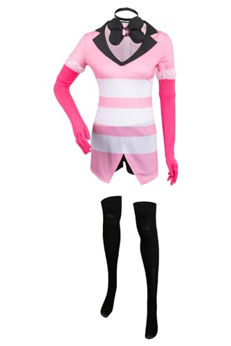 MOYGOR Angel Dust Cosplay-Kostüm, Hazbin-Hotel-Kostüm, rosafarbenes Kleid mit Strumpfhandschuhen und Kragen, Anime, Cosplay, Halloween, Karnevalsanzug von MOYGOR