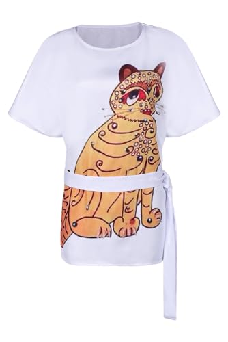 MOYGOR Damen T-Shirt Anni Frid 70er Jahre Bekleidung Vintage Kleid Halloween Karneval Merch mit Gürtel Katze L von MOYGOR