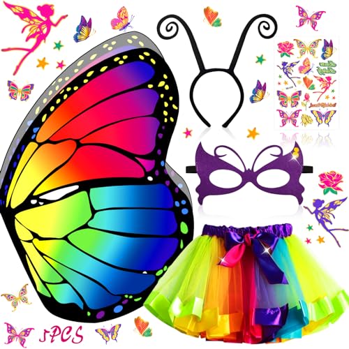 MOYKSRR 5 Stück Kostüm Schmetterling Kinder, Schmetterling Umhang Kostüm mit Bunte Flügel, Maske, Tüllrock, Haarreif und Tattoos, Mädchen Schmetterlingsflügel für Cosplay,Karneval,Fasching,Mottoparty MOYKSRR 5 Stück Kostüm Schmetterling Kinder, Schmetterling Umhang Kostüm mit Bunte Flügel, Maske, Tüllrock, Haarreif und Tattoos, Mädchen Schmetterlingsflügel für Cosplay,Karneval,Fasching,Mottoparty von MOYKSRR