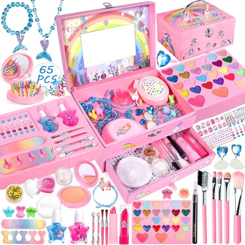 MOYKSRR Kinderschminke Set Mädchen Kinder Make Up Set, 65 Stück Waschbar Schminke Kinder Make Up Set Mädchen Spielzeug, Halloween Weihnachts Geburtstags Geschenke für Mädchen 5 6 7 8 Jahren von MOYKSRR