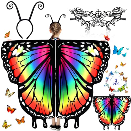MOYKSRR Schmetterlingsflügel für Mädchen, 3 Stück Kinder Schmetterlingsflügel, Schmetterlingskostüm für Halloween, Feenflügel Kinder für Mädchen, Maskerade-Party-Requisiten Party Cosplay von MOYKSRR