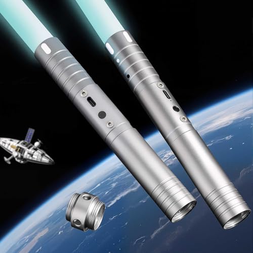 MOZC Laserschwert Kinder, Lichtschwert mit 15 Farben, Duell Lightsaber für 4 Modi und Sounds, USB-C Lade Lichtschwert Kinder, Laser Schwert für Kinders,Cosplay, (Silber 2PC) von MOZC