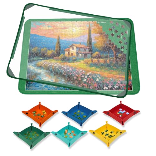 Puzzlematte für 1000 Teile Lagerung, Jigsaw Puzzle Board, Puzzle Storage Board 32 x 22inches, Jigsaw Puzzle Zubehör für Verschieben und Speichern (6 Puzzle Sorting Trays & 1 Clear Cover) von MOZOOSON