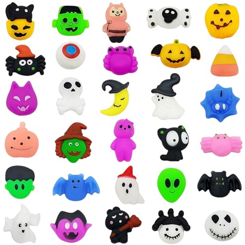 30 Stück Halloween Mochi-Quetschspielzeug, Halloween Classies Squishy Spielzeug, Squeeze Soft Fidget Spielzeug mit Kürbisfledermäusen und Spinnen für Halloween Party Taschenfüllstoffe für Kinder von MPQDFG
