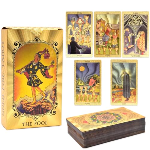 78 teiliges Goldfolien Tarot Deck, Luxus Goldfolie mit Tischdecke Guidebook Box, PVC, wasserdicht und faltenfrei, Tarotkarten Decks für Anfänger, wasserdicht und langlebig (Sterne und Mond, Gold) von MPQDFG