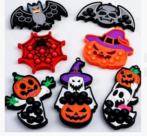 Halloween Popit Fidget Toy - 7 Packs Pop it Fidget Toy, Halloween-Partygeschenke, Geist, Skelett, Fledermaus, Kürbis, Hexenhut, Fidget-Schlüsselanhänger, Fidget-Spielzeug, Großpackung für Kinder von MPQDFG