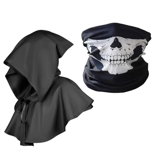 MPQDFG Sensenmann-Kostüm, 2-teiliges Set mit Hut, Umhang und Gesichtsmaske, winddicht und staubdicht, mittelalterliches Kostüm, Halloween, Umhang, Rollenspiel-Kostüme für Männer und Frauen von MPQDFG