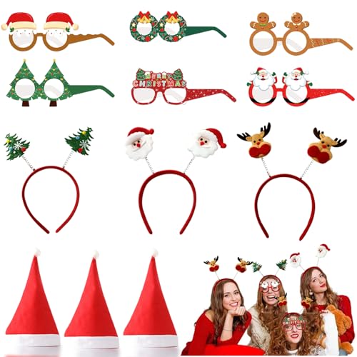 Weihnachtsfeier Brillen Set, 6 Pcs weihnachtsbrille, 3 Pcs Weihnachtsstirnband, 3 Pcs Weihnachtsmützen Erwachsene, Weihnachtsbrillen-Stirnband-Hut-Set, Weihnachten Accessoires, für Weihnachtsfeier von MPXEAVG