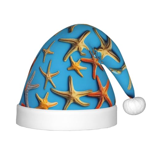 MQGMZ Blauer Hintergrund mit vielen Seestern-Aufdruck, Weihnachtsmütze für Kinder, Weihnachtsmannmütze, perfekte Weihnachtsmütze, Urlaubsparty-Zubehör von MQGMZ