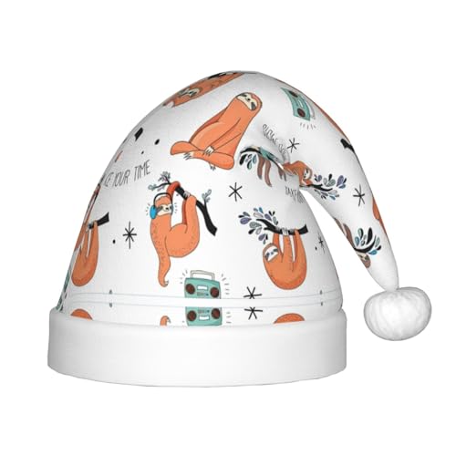 MQGMZ Braune Weihnachtsmütze mit Faultier-Aufdruck für Kinder, Weihnachtsmannmütze, perfekte Weihnachtsmütze, Urlaubsparty-Zubehör von MQGMZ